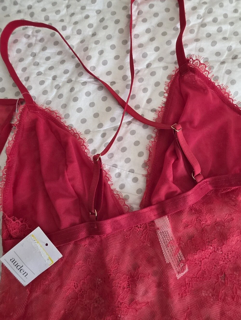 Auden Cherry Red Sheer Lace Baby Doll Mini & Thong Lingerie Set Size L